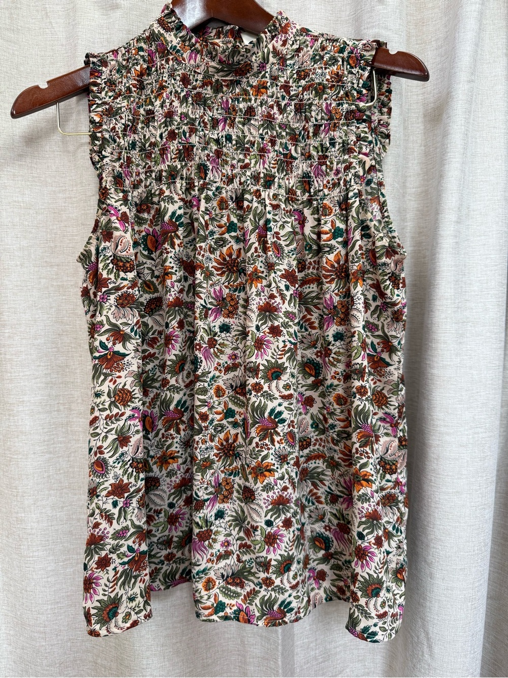 Anthropologie Maeve Floral Smocked Cream top with Pink, Orange and Green Accents